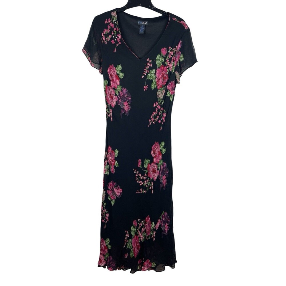 VTG Y2K Eva Blue Sheer Black Floral Midi Dress Lined  V-neck 14 Whimsigoth